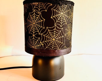 Upcycled Black and Gold Sparkly Spiderweb Table Lamp with Black Ribbon Trim Small Gothic Lamp