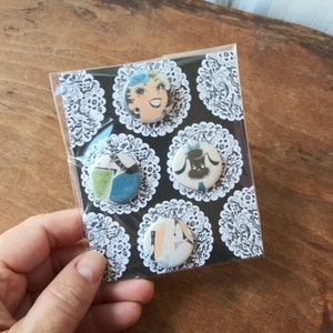 Vintage Graphic Pinback Set of 4 Fashionable Lady with Poodle 1&quot; Buttons Makeup Handbag High Heels Mid Century Illustration Modern Fashion