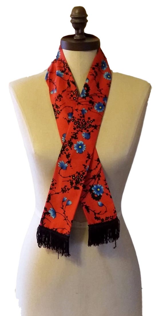 Vintage Scarf or Obi Belt Red Windsong Flower Sil… - image 3