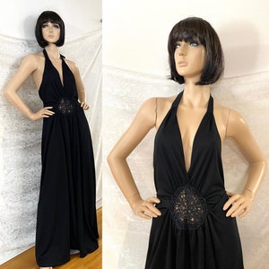 Vintage Black Halter Dress 1970s Low Cut Bare Back Cutout Front Maxi Dress Formal Gown Sexy