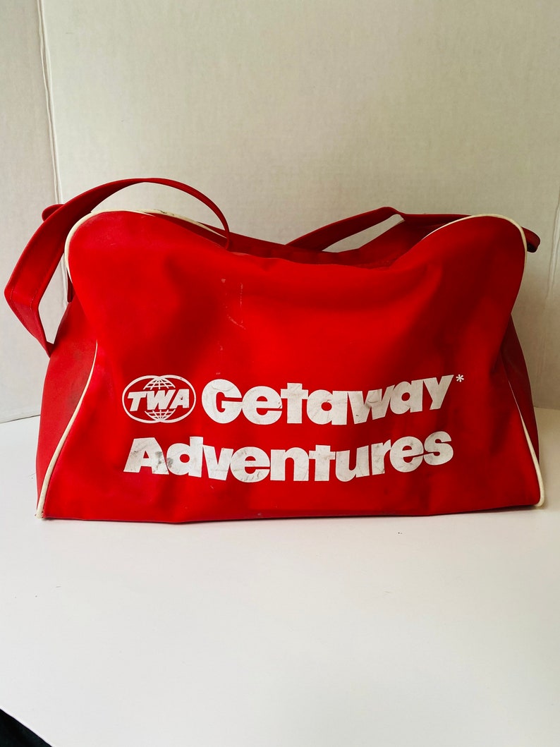 TWA Airlines Travel Bag Red Overnight Bag Vinyl Carry On Bag Advertising Trans World Airlines image 3