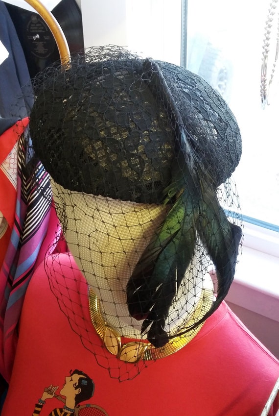 Vintage Hat Black Lace Beret Skull Cap w Iridesce… - image 5