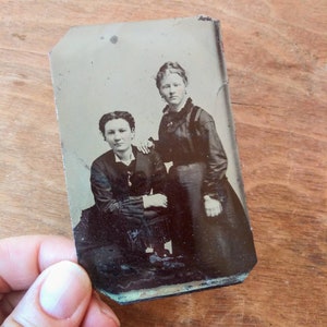 Antique Tin Type Photograph Melainotype Photo Ferrotype Photo VIntage Photography Two Women Maybe Sisters Victorian Fashion