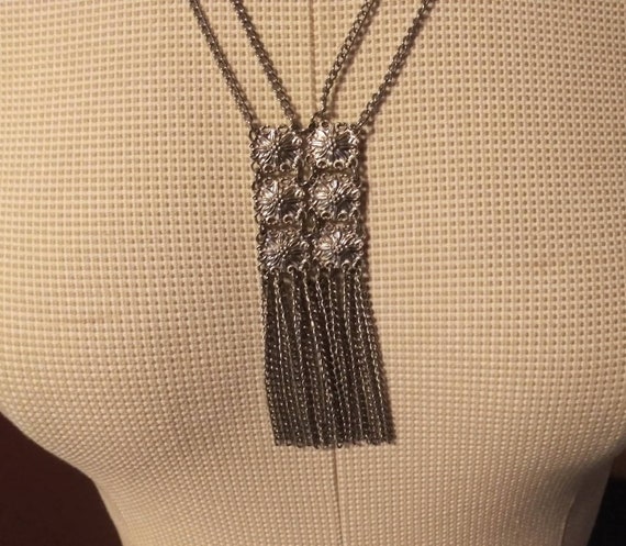 Vintage Necklace Silver Chain with Reticulated Sq… - image 2