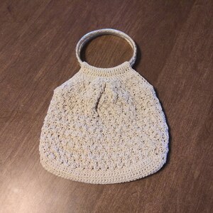 Vintage Purse Macrame Knit Handbag 90's Does 70's Beige Off White Crochet with Circular Tube Handles 90's Bohemian Fashion Bag image 5