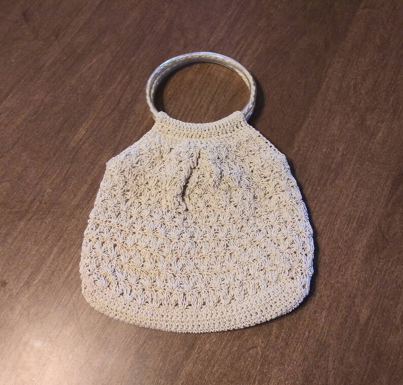 Vintage Purse Macrame Knit Handbag 90's Does 70's Beige Off White Crochet with Circular Tube Handles 90's Bohemian Fashion Bag image 5