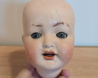 Vintage Creepy Doll Head – Crackly Blue Eyes, Open Top