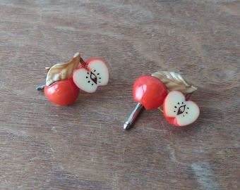Vintage Apple Cufflinks, Celluloid Button Cuff Links, 1930s-40s