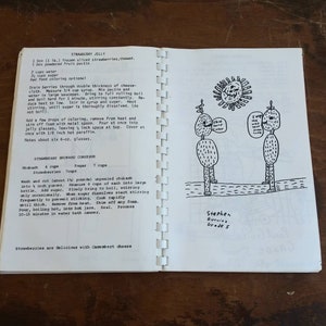 May include: Open cookbook pages with handwritten recipes for strawberry jelly and rhubarb conserve. A whimsical drawing of two figures with speech bubbles and a sun is on the right page. The text reads "I like your color" and "I wish the world was..."
