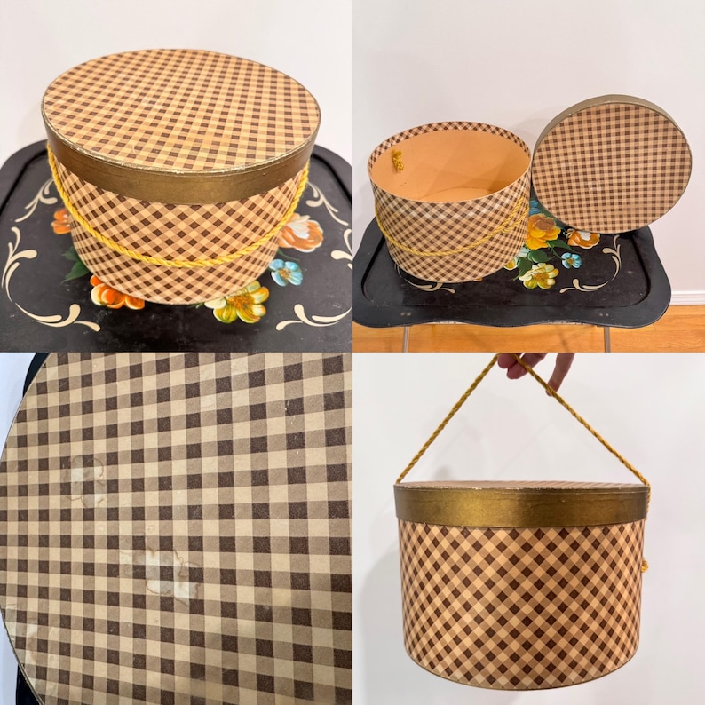 May include: A vintage round hat box with a brown and tan checkered pattern. The box has a gold-colored band around the top and bottom, with a yellow rope handle. The lid is also checkered.
