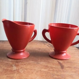 Vintage Hazel Atlas Sugar & Creamer Set Ovide Moderntone Platonite Deep Pumpkin Color 30&#39;s Art Deco Mid Century Kitchen