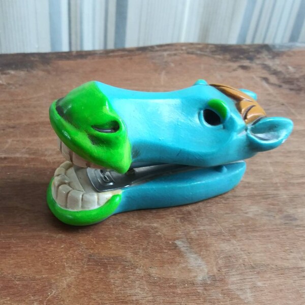 Unique Vintage Stapler Horse or Donkey Big Mouth Carved Wood Stapler Aqua Blue Lime Green 60's Mid Century Home Office Decor Kitsch Pop Art