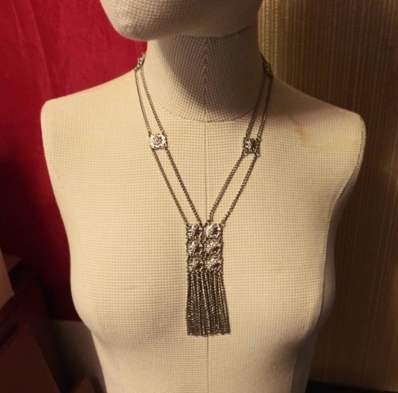 Vintage Necklace Silver Chain with Reticulated Sq… - image 1