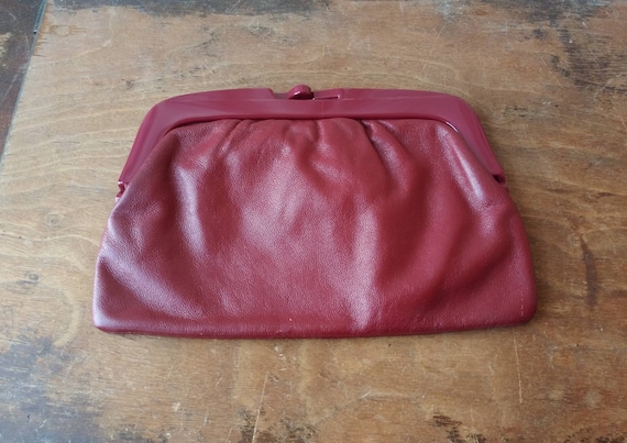 Vintage Lipstick Red Leather Clutch - 1970s Italian Kiss Clasp Handbag