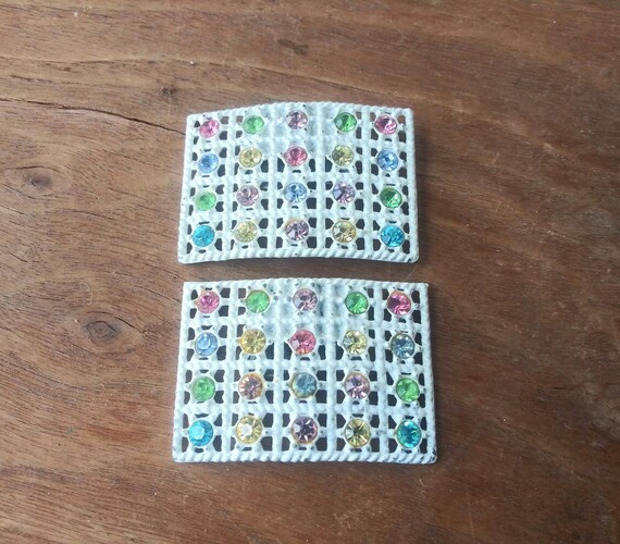 Vintage Shoe Clips White Basketweave Metal w Paste