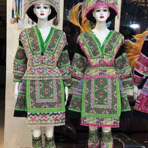 Green Hmong Traditional Dress Set | Handmade Ethnic Outfit with Beaded Fringe and Embroidered Details | Cultural Festival and Dance Costume