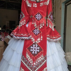 Traditional Hmong Wedding Dress Set – Handmade Embroidered Outfit with Silver Accessories