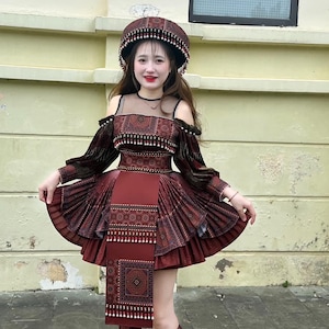 Handmade Dark Brown Hmong Traditional Dress – Off-Shoulder Tribal Costume with Beaded Details | Ethnic Festival Outfit for Women | Hmong New