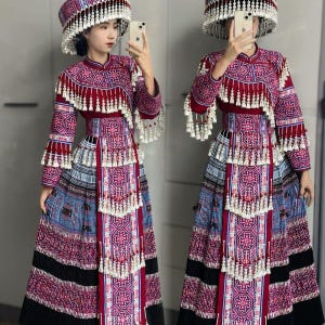 Hmong Traditional Embroidered Dress Set | Handmade Miao Ethnic Outfit with Hat