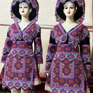 Purple Hmong Traditional Dress | Handmade Embroidered Ethnic Costume with Beaded Fringe and Tribal Patterns | Cultural Outfit for Festivals,