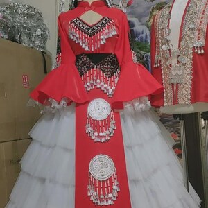 Traditional Hmong Wedding Dress Set – Handmade Embroidered Outfit with Silver Accessories