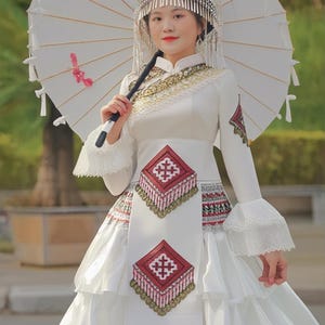 Traditional Hmong Wedding Dress Set – Handmade Embroidered Outfit with Silver Accessories
