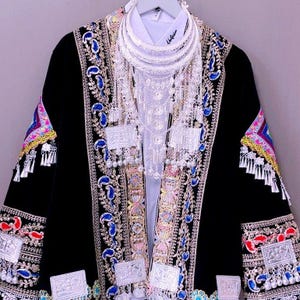 Handmade Hmong Traditional Embroidered Jacket with Silver Ornaments – Ethnic Festival Costume – Black Velvet Tribal Outfit