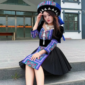 Hmong Traditional Embroidered Dress Set | Handmade Miao Ethnic Outfit with Hat and Necklace
