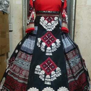Traditional Hmong Wedding Dress Set – Handmade Embroidered Outfit with Silver Accessories