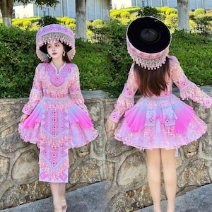 Pink Hmong Traditional Dress Set | Handmade Sequin Pleated Skirt Outfit with Hat – Cultural Festival Wear