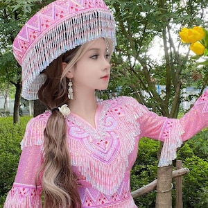 Pink Hmong Traditional Dress Set | Handmade Sequin Pleated Skirt Outfit with Hat – Cultural Festival Wear
