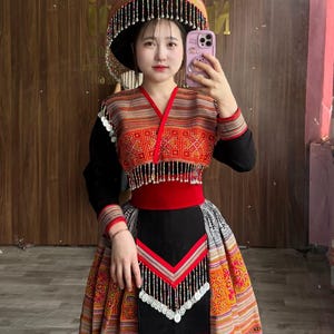 Handmade Black & Red Hmong Traditional Dress – Authentic Tribal Embroidered Costume | Hmong New Year Outfit | Ethnic Cultural Clothing for W