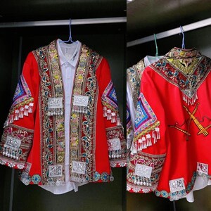 Handmade Hmong Traditional Embroidered Jacket with Silver Ornaments – Ethnic Festival Costume – Black Velvet Tribal Outfit