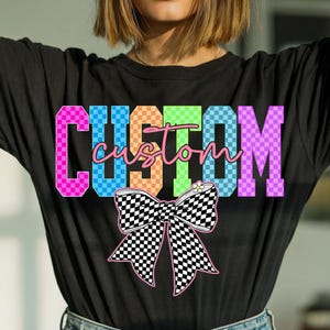 Custom Checkered Bow PNG, Colorful Letters Digital Design, Coquette Retro Graphic for Sublimation Shirt Download