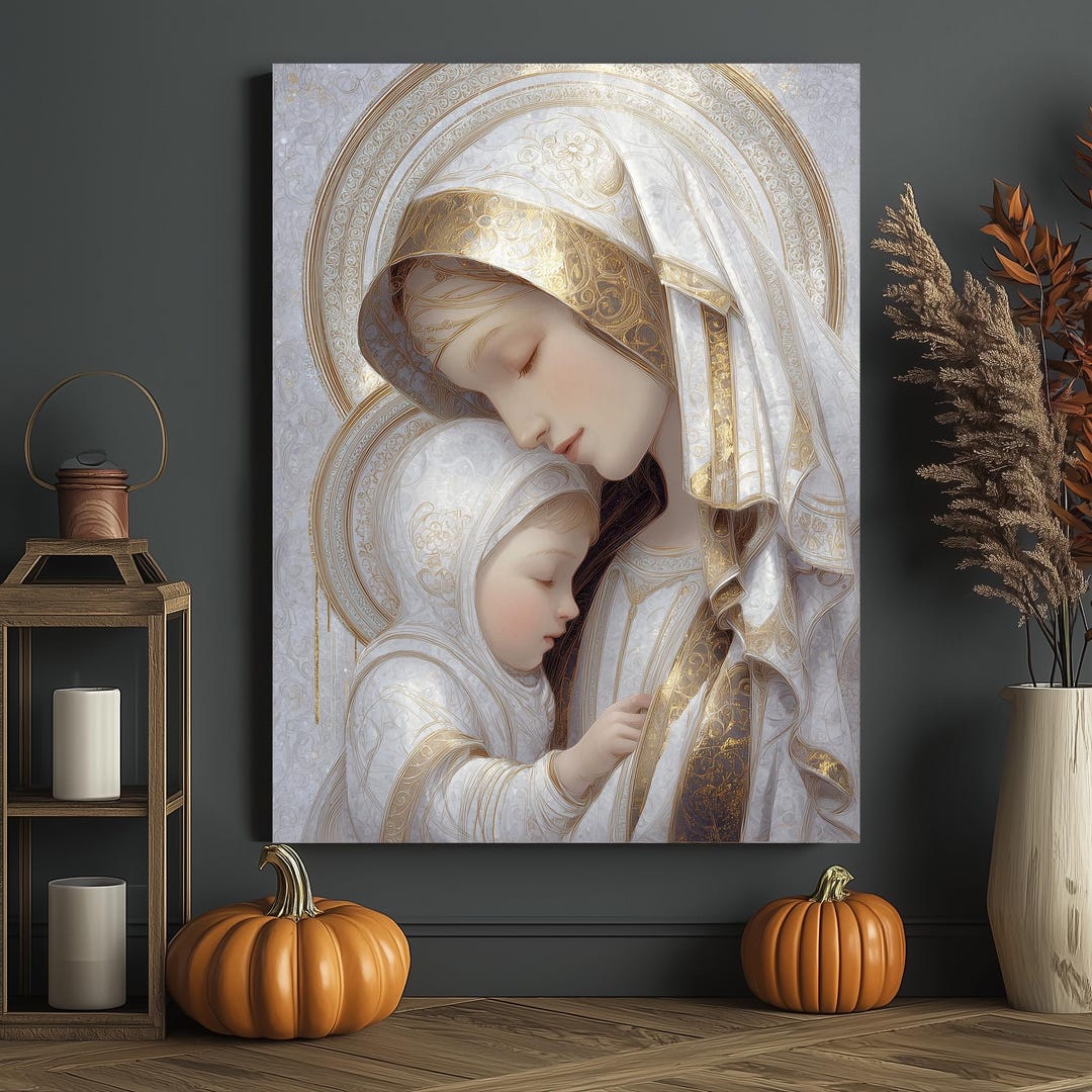Virgin Mary and Child Canvas – White Gold Religious Wall Art, Madonna ...