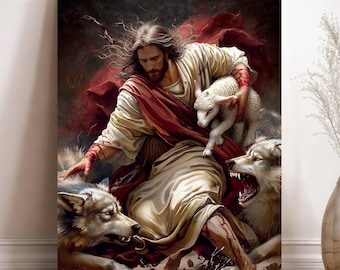Jesus Protecting Sheep Canvas | Christian Wall Art Print | Jesus And Wolves Painting | Religious Home Decor | Faith Artwork Poster