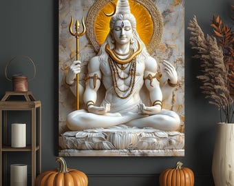 May include: A white statue of a seated deity with a golden halo and jewelry, holding a golden trident. The artwork is set against a marble-like background. Two orange pumpkins sit in front of the artwork.