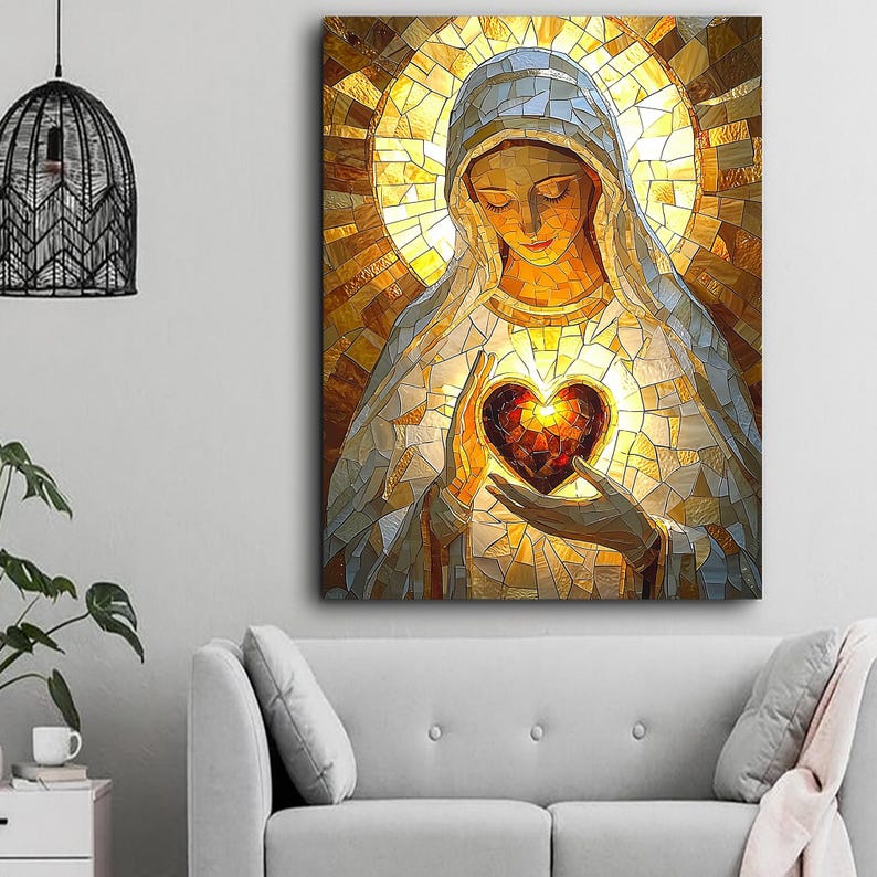 Immaculate Heart of Mary Canvas | Stained Glass Style Catholic Wall Art ...