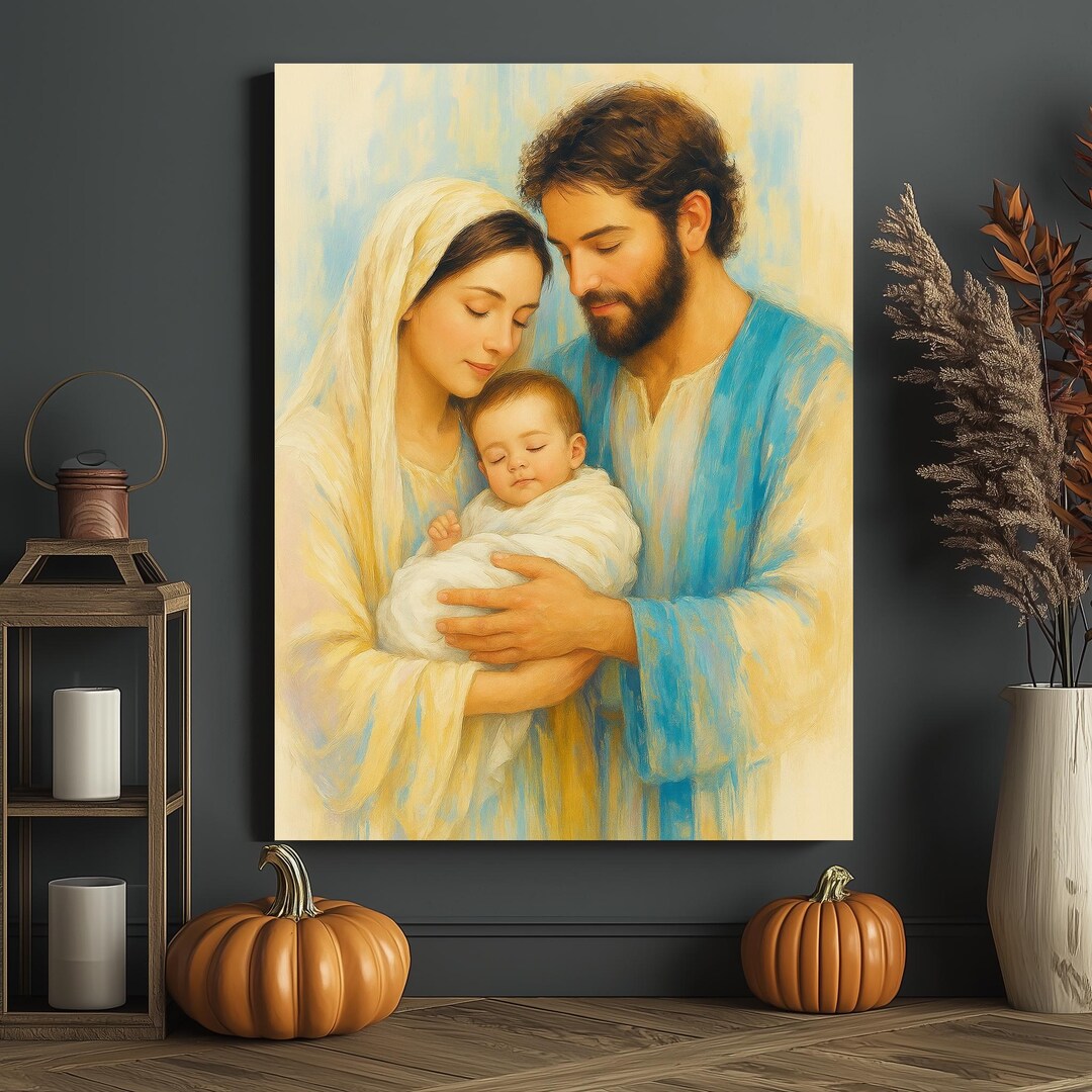 Holy Family Canvas Wall Art, Virgin Mary Joseph and Baby Jesus Painting ...