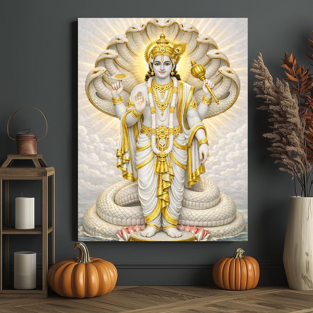 Lord Vishnu Canvas Art | White Gold Hindu Religious Decor - Etsy