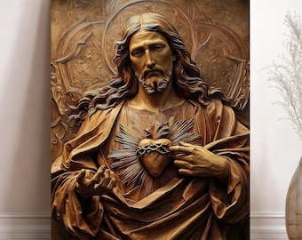 May include: A vertical wall art print featuring a monochromatic brown relief-style depiction of a figure with long hair and a beard. The figure wears draped robes and points toward a central heart encircled by a crown of thorns with radiating rays.