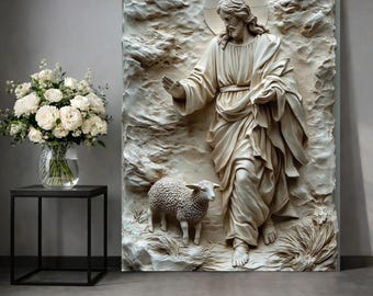 Jesus the Good Shepherd Canvas Wall Art | Christian Religious Painting | Faith Home Decor Gift