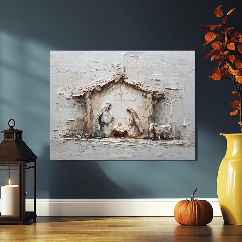 Nativity Scene Canvas Wall Art – Holy Family Christmas Manger Painting ...
