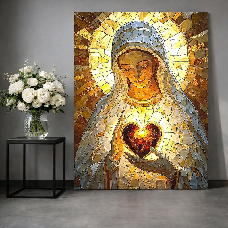 Immaculate Heart of Mary Canvas | Stained Glass Style Catholic Wall Art ...