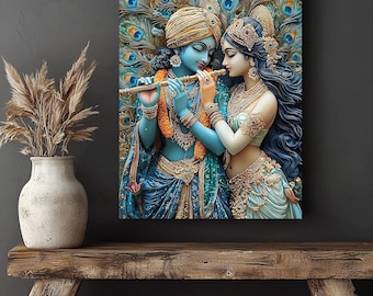 Radha Krishna Peacock Canvas | Hindu Divine Love Wall Art | Indian Spiritual Mythology Decor