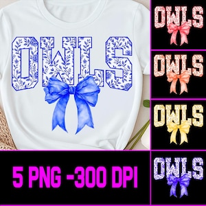 Floral Owls Text with Bow PNG, Digital Download, Cheer Spirit Shirt Design, Cute Graphic for Sublimation