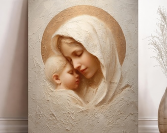 Virgin Mary and Child Canvas – Plaster Texture Madonna Art, Holy Mother Wall Decor