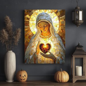 Immaculate Heart of Mary Canvas | Stained Glass Style Catholic Wall Art ...