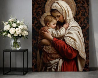 Virgin Mary and Child Jesus Canvas Print, Catholic Home Decor