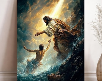 Jesus Saving Hand Canvas Art – Divine Rescue Christian Wall Decor